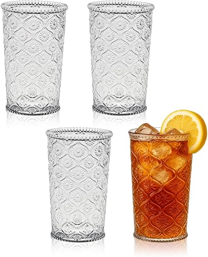 Miniatura 1 de Cameo - Juego de 4 vasos altos transparentes, vintage, cristalería vintage con vaso de flores grabado, 11.5 onzas, sin plomo, Tom Collins, vasos de