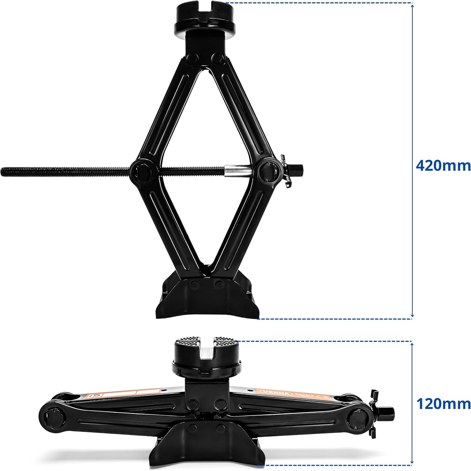VERDA Cric a pantografo 2,5 T (2500 kg), 110-420 mm, 2x gomma, cric con chiave per dadi ruota, chiave a cricchetto, piastra in acciaio allargata, borsa, Car Jack Auto SUV MPV