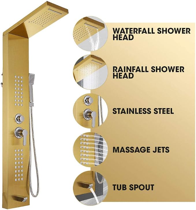 Columna de Ducha Rainfall de Acero Inoxidable con Chorros de Hidromasaje, Sistema Multifunción para Bañera y Ducha miniatura 3
