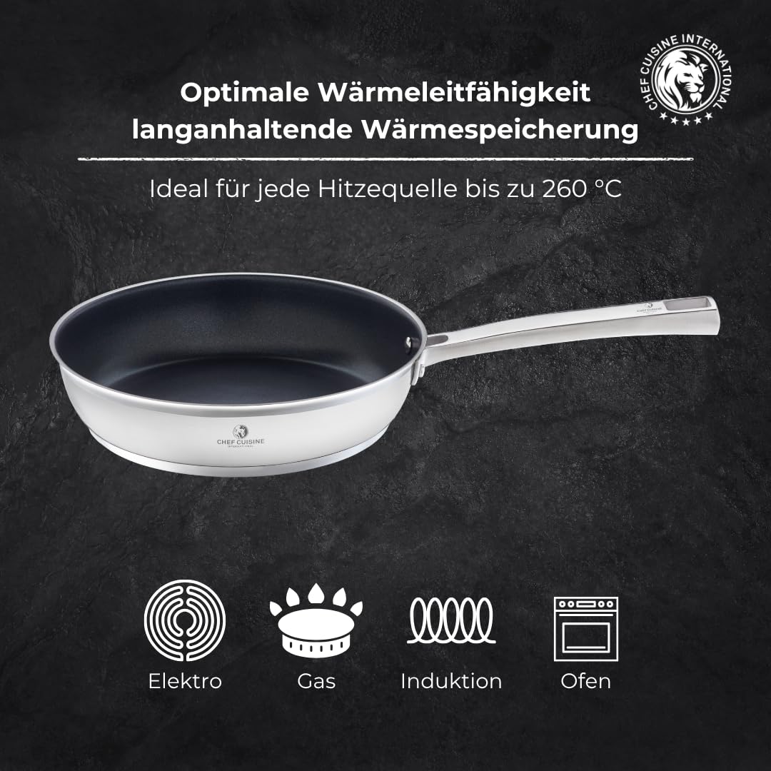 CHEF CUISINE Bratpfanne mit Teflon Antihaft Beschichtung ganz ohne anhaften – Edelstahl mit Antihaft-Beschichtung – alle Herdarten inkl. Induktion - backofengeeignet (28 cm)