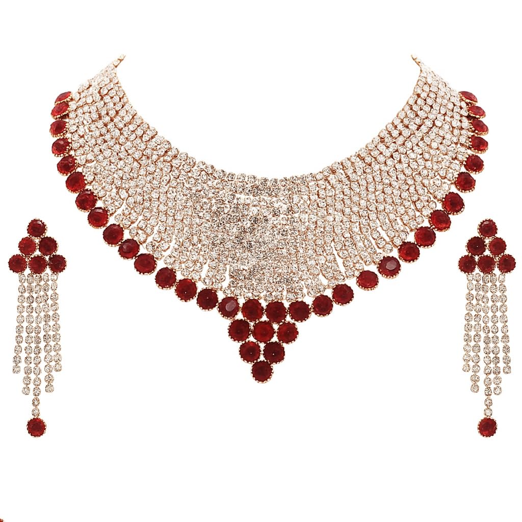 Luxury Red Crystal Choker Jewellery Set for Women | Bridal Rose-Gold Necklace with Long Earrings | Wedding, Party & Festive Fashion Jewellery Set | Premium Statement Accessories-image-13