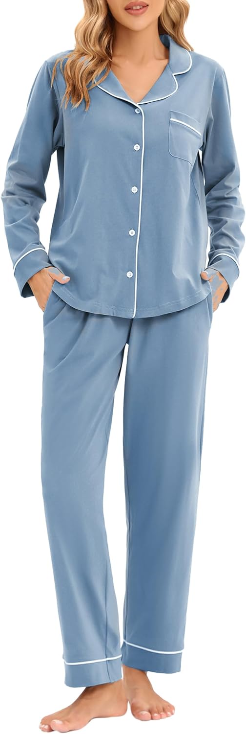 LUBOT 100% Cotton Pajamas for Women PJ Set Soft Button-Down 2 Piece Set Knitted Long Sleeve Sleepwear Loungewear XS-XXL