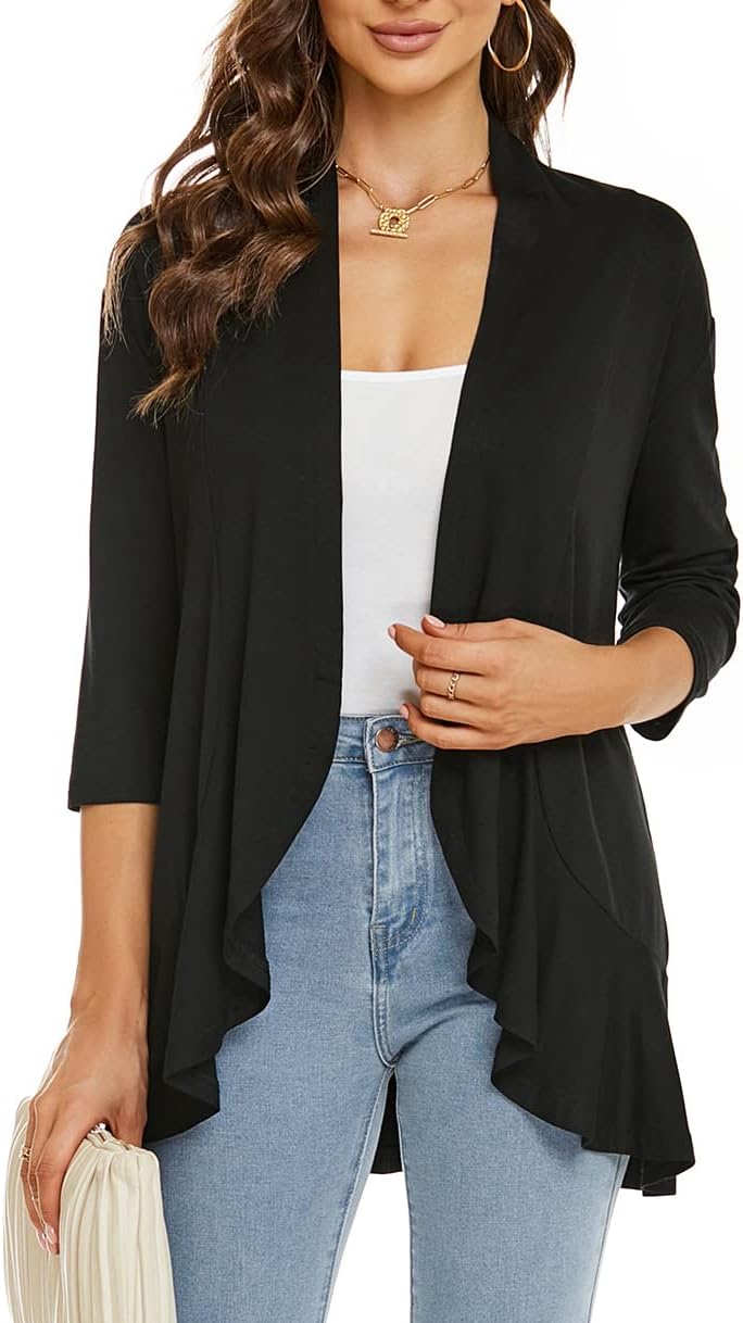 Women Autumn Cardigan Solid Color Summer Casual Lightweight Cover ups 3/4 Sleeve Open Front Draped Ruffles Spring Top - Image 6