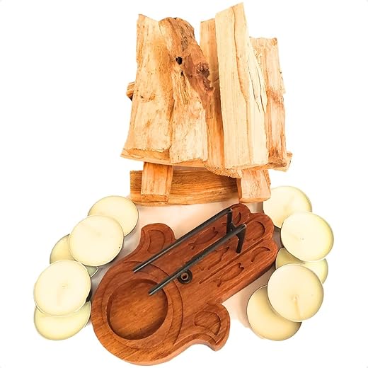Incensário Palo Santo Mão De Fátima Hamsá 10 Vela 50g Pau santo limpeza energetica incenso natural