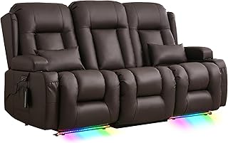 Elektrisch Relaxsessel mit Liegefunktion, Zweisitzer Fernsehsessel mit Konsole TV Sessel Heimkino mit Heizung & Vibrierende Massage, USB, Getränkehalter, Schwarz (Braun, 3-Sitzer)