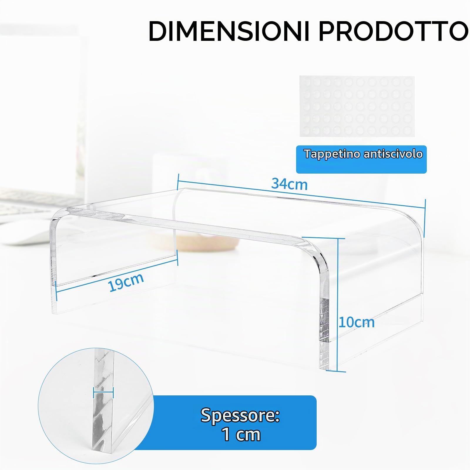 SWAWIS Monitor Riser Acrilico 34x19x10cm Spessore 10mm Supporto Monitor Supporto Monitor Riser Scrivania Schermo Riser per Computer Laptop Schermi