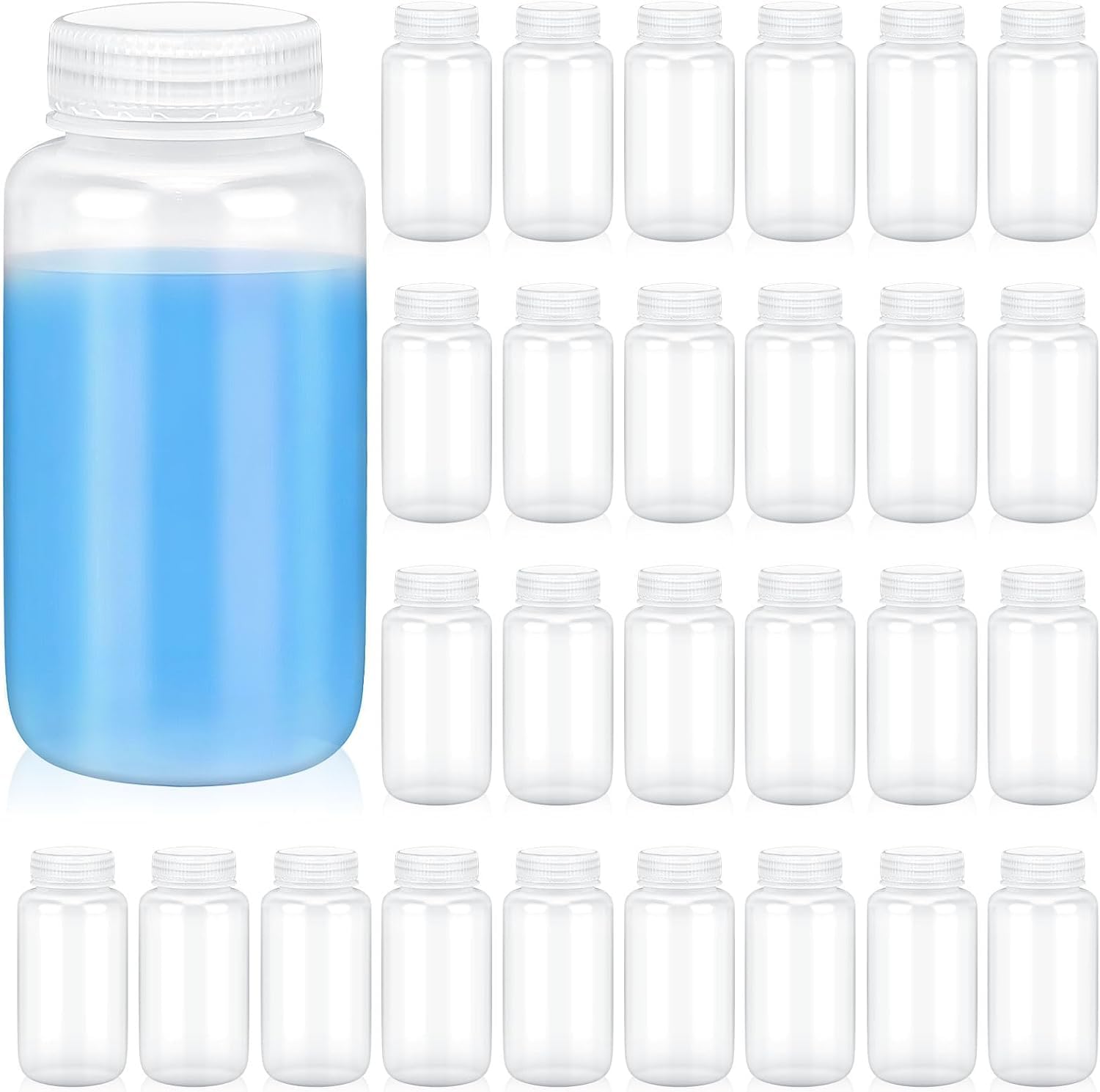 30 bottiglie di plastica da 250 ml, vuote, con collo largo, trasparenti, con tappo a vite, per casa, officina e fai da te
