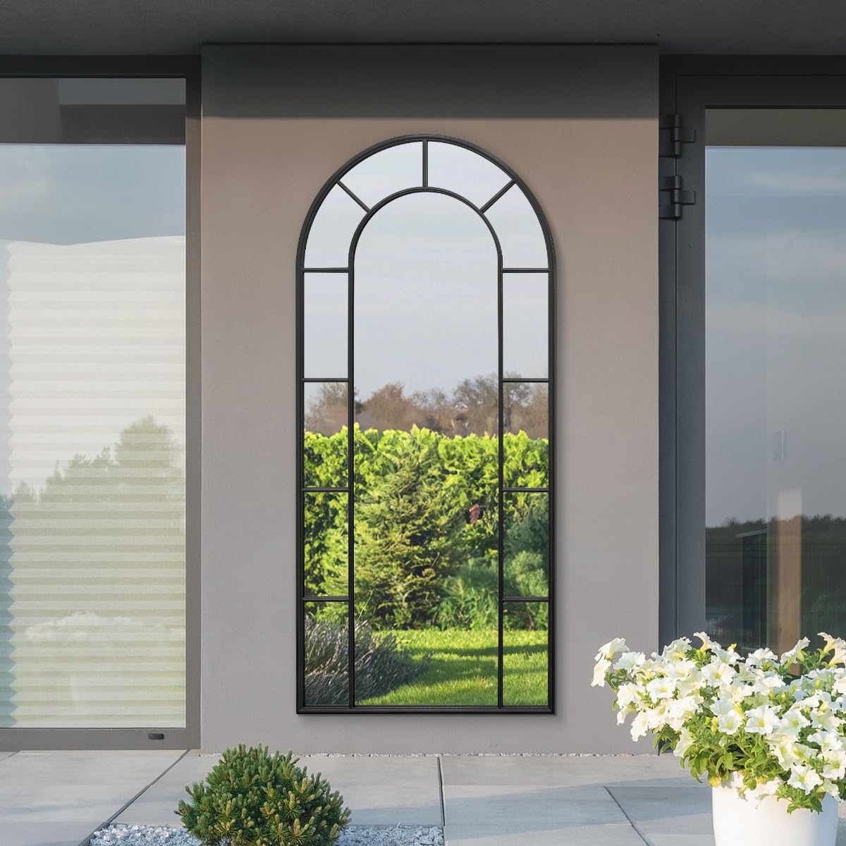 MirrorOutlet The Arcus - Black Framed Modern Full Length Arched Garden Leaner Wall Mirror 75" X 33" (190CM X 85CM) Silver Mirror Glass with Black All weather Backing