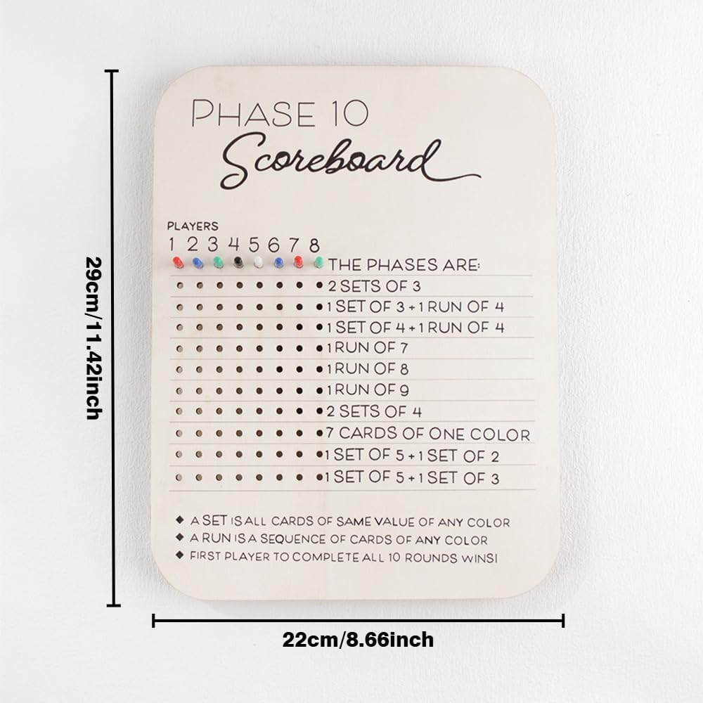Phase 10 Score Board Wooden Phase 10 Scoreboard - Phase 10 Score Sheets with 8 Colored Pegs Round Tracker for Family Party