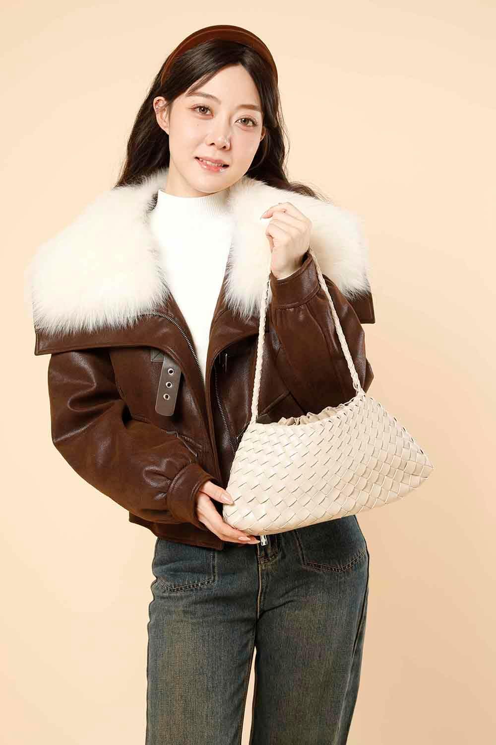 YLYYHH Leather Basket Woven Handbag, Vegan Leather Shoulder Cute Hobo Purse - Image 2