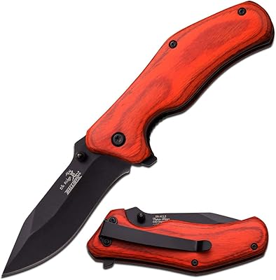 Elk Ridge - Outdoors Spring Assisted Folding Knife - 2.9-in Black Stainless Steel Blade, 4.1-in Closed, Red Wood Handle, Pocket Clip - Hunting, Camping, Survival, EDC - ER-A013RW