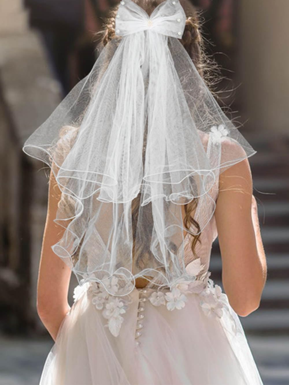 Foyte Velo corto con fiocco bianco da sposa velo in tulle con bordo increspato velo corto velo per addio al nubilato decorazioni per donne e spose