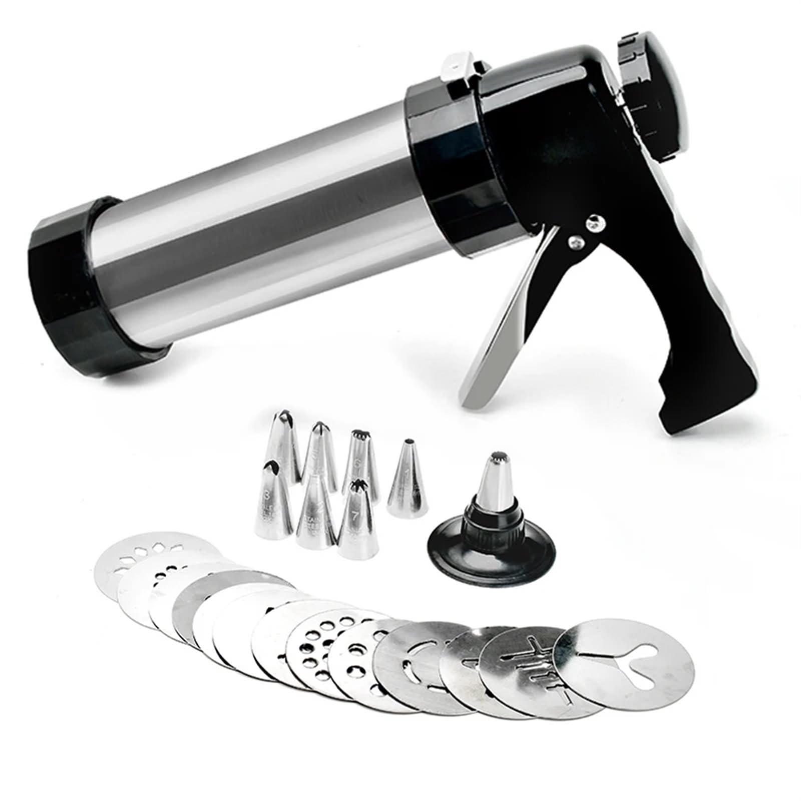Garnierspritze Edelstahl Cookie Press Kit Machine Cookie Making Cake Decoration 13 Press Molds 8 Pastry Piping Nozzles Cookie Tool Biscuit Maker DIY Backzubehör(Light Grey)