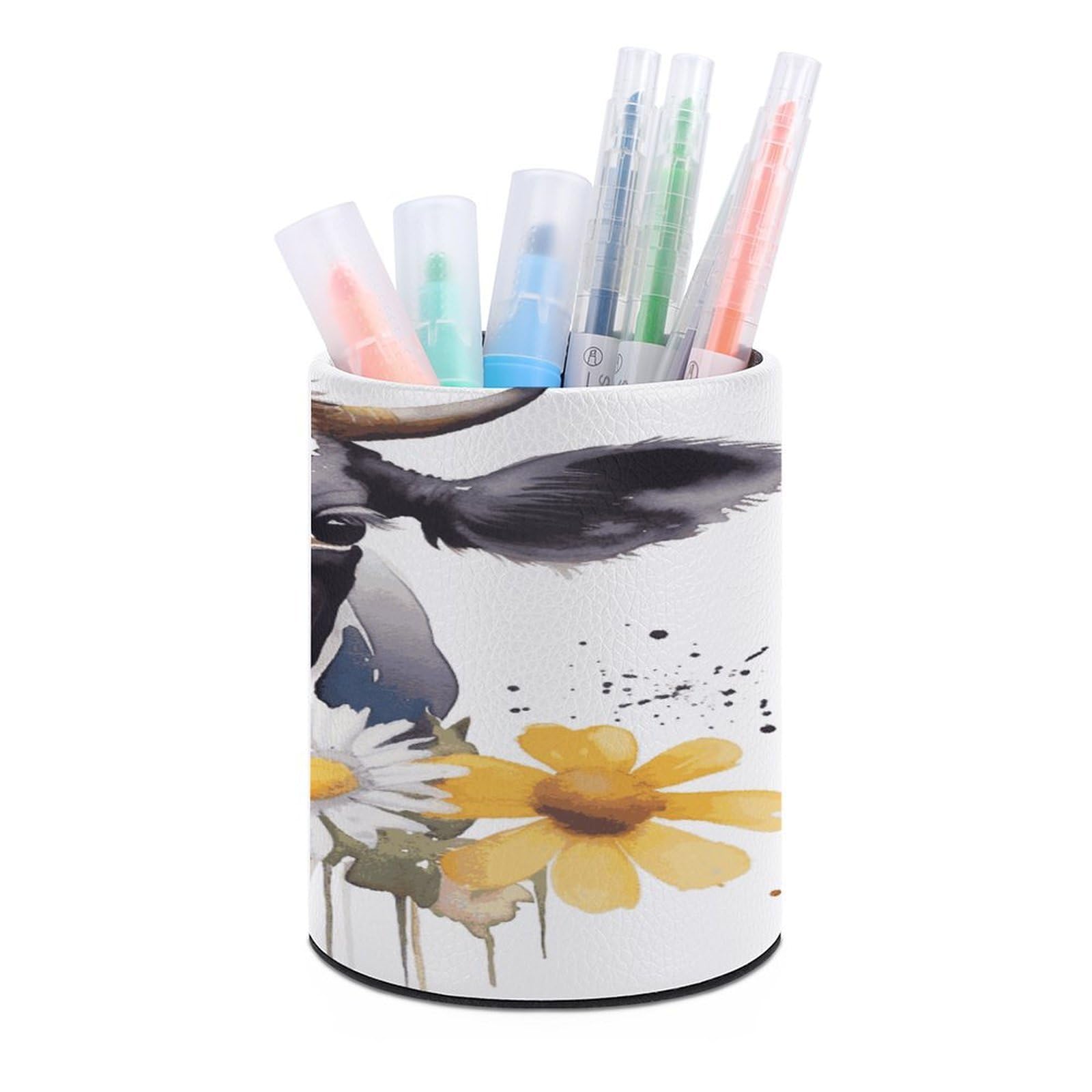 FekiLoot Watercolor Cow And Daisy Flower Pen Holder Cup Fashion PU Leather Pencil Cup Minimalist Pen Organizer Round Pencil Holder Stand Work Locker Accessories for Decoration Desk Office Home