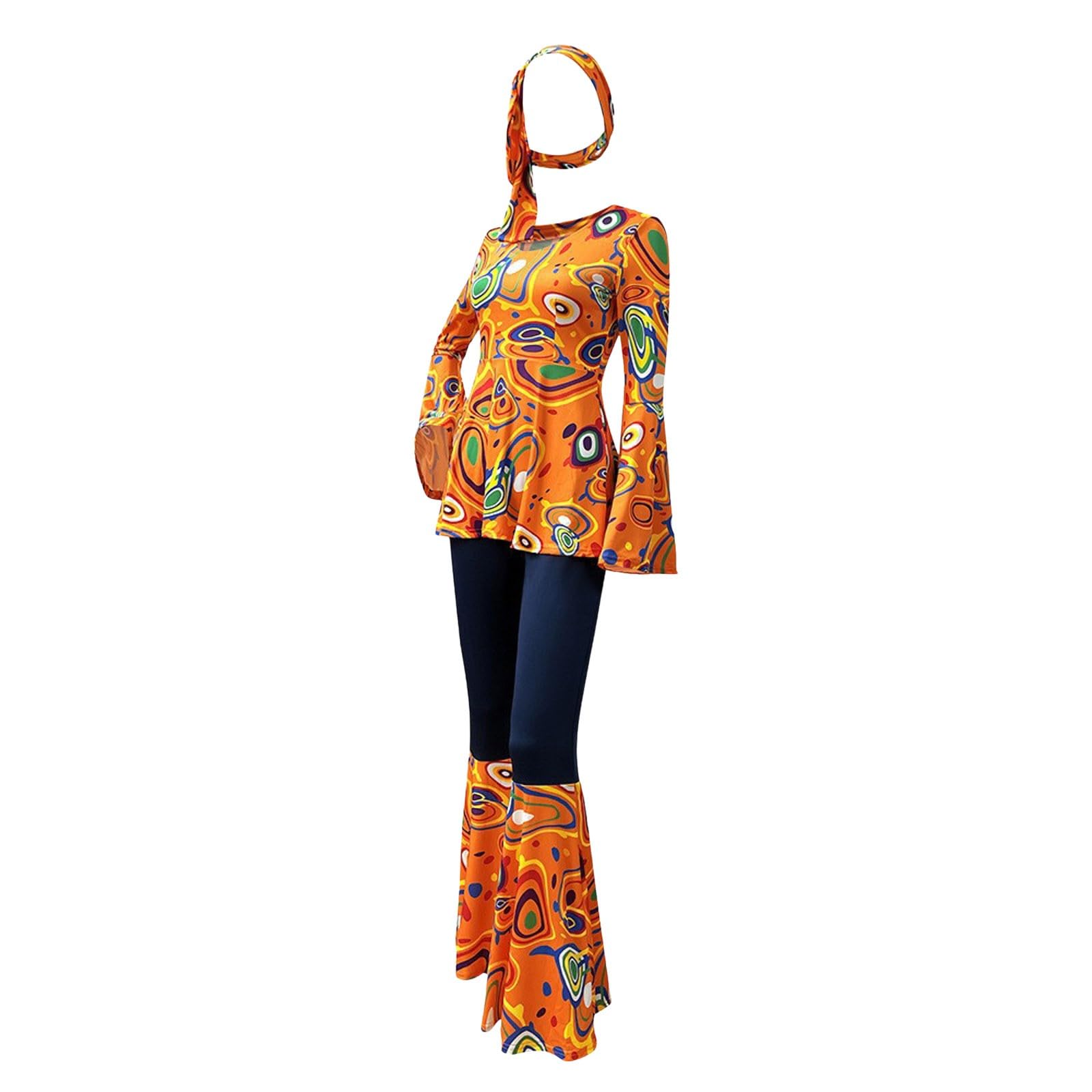 Generic Disco Outfit Hippie Costume Women, 60s 70s Years Outfit Abba Flower Power Top with Flared Sleeves, Bell-Bottom Pants Headband Hippie, Carnival Women, orange, XXL