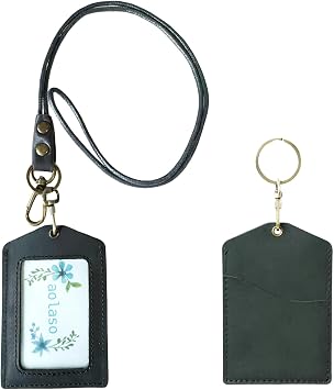 Badge Holder Vertical Handmade Leather ID Card Badge Holder Keychain with Heavy Duty Lanyard for Men Women Black Leather