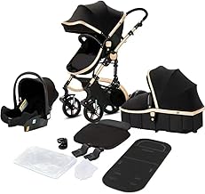 Baby Buggy, Baby Pram, Pushchair, 3 in 1 Travel System, Foldable Stroller, Lightweight Folding All in One Stroller, Portable Baby Carriage for Newborns and Toddlers Aluminium Frame Black - Rose Gold