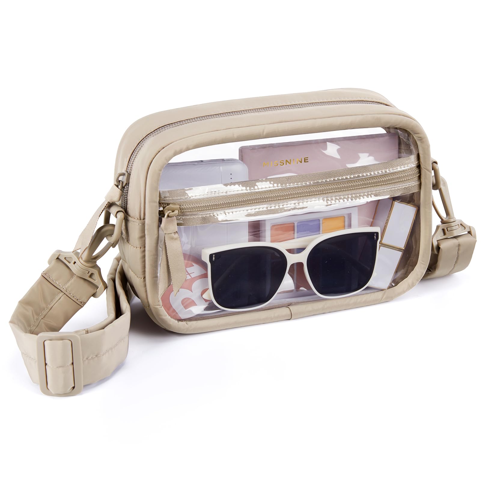 Missnine Clear Bag for Stadium Events Quilted Clear Purse for Women Stadium Approved PVC Crossbody Concert Bag (Nylon-Brown)