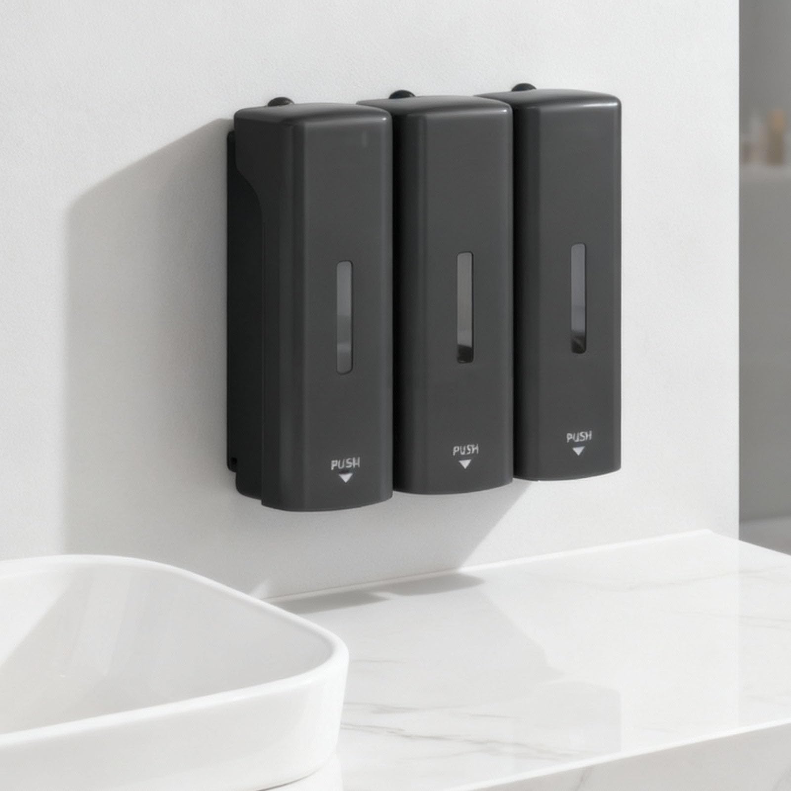 Dispensador de jabón Manual de 3 cámaras Montaje en Pared A Prueba de Fugas Líquido de Goteo de Apertura Amplia 350 ml Cada Capacidad con Ventana Visible para hoteles Hogares (Gris)
