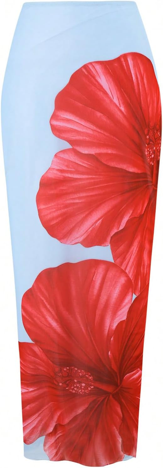 WDIRARA Women's Bikini Sets Floral Print Triangle Halter Tie Back Swimsuit with Cover Up Skirt - Image 5