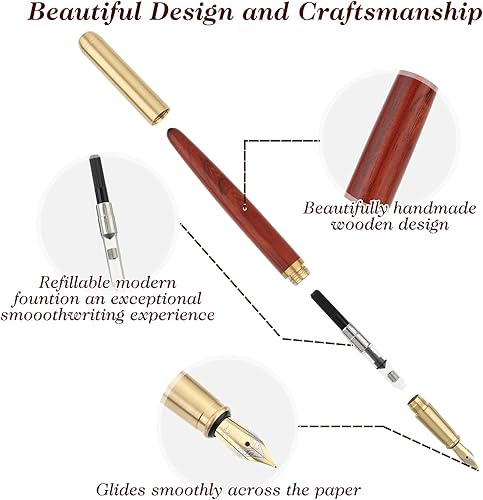 Vista 6 de cobee Juego de plumas estilográficas de madera hechas a mano, pluma estilográfica de madera de lujo vintage de 0.020 in de punta fina con 12