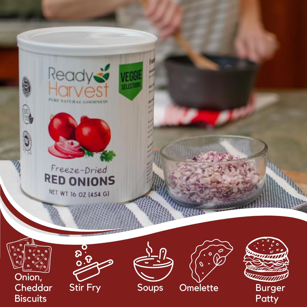 Ready Harvest Cibo liofilizzato - Cipolle rosse | Verdure in scatola di emergenza | Lattina #10 | Durata di conservazione di 25 anni | Lattine riempite fino in cima