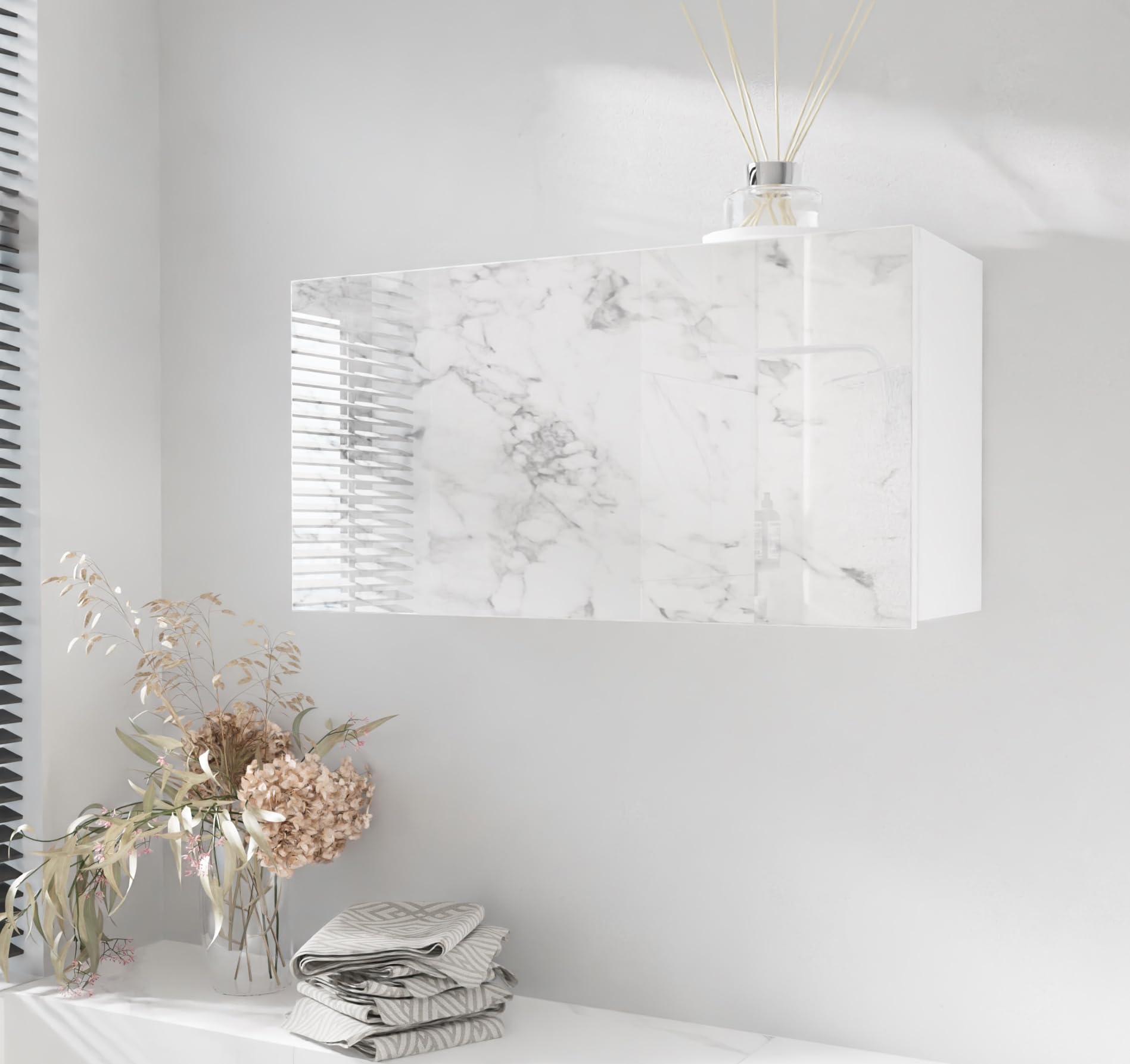 PLATAN ROOM - Armadietto da bagno, larghezza 80/120/160/200/240 cm, mobiletto da bagno pensile con anta ribaltabile (bianco opaco o marmo lucido 80 x 40 x 25 cm)