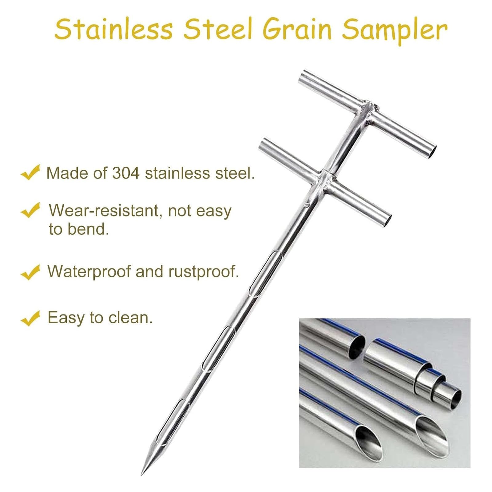 Kit campionatore per suolo e cereali a tre zone, sonda in acciaio inossidabile 304 con manico rotante a doppio strato, ideale per granuli e polveri di grano, lunghezza 2 m, diametro 38 mm