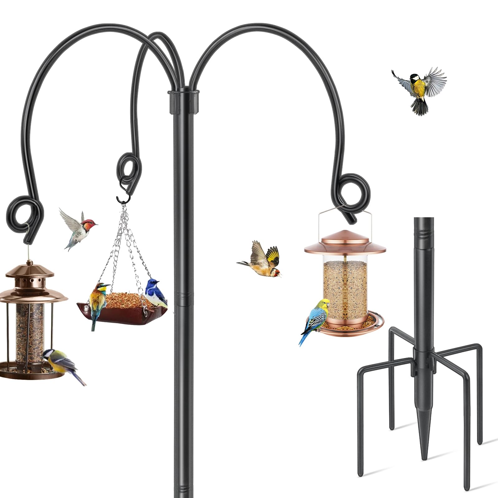 Bird Feeders Hanging Station, 193cm Bird Feeder Pole Stand Hangers Freestanding Metal Wild Bird Feeding Station Heavy Duty Shepherds Crook Hooks for Garden Lights Lanterns Plant Basket