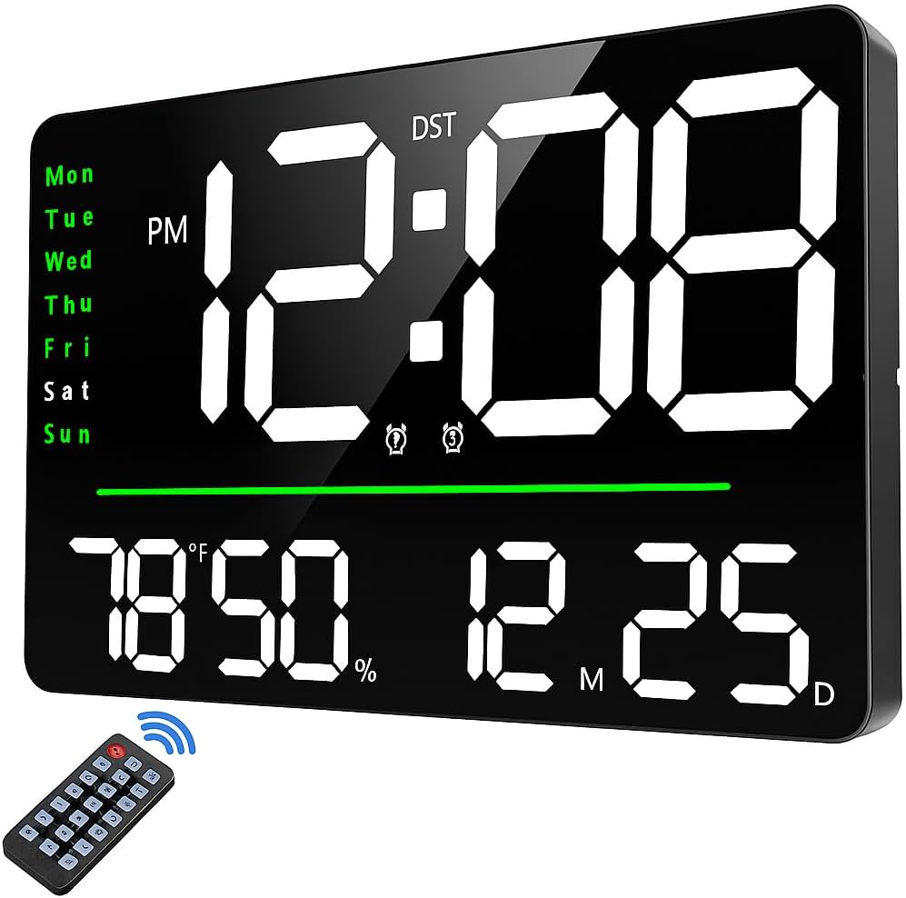 AERYS Digital Alarm Wall Clock 16" Large with Remote Control, Auto/Custom Dimmer,Temp,Humidity,Dual Alarms,/Gym/Garage, Gift for Elderly (Font Colour May Vary) Plastic