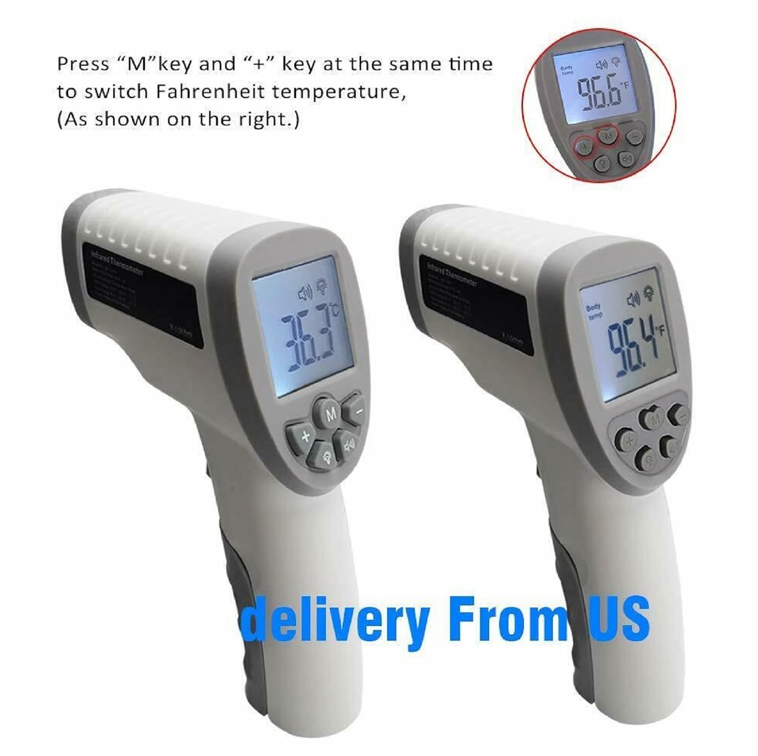 Infrared Thermometer displaying temperatures in Celsius and Fahrenheit