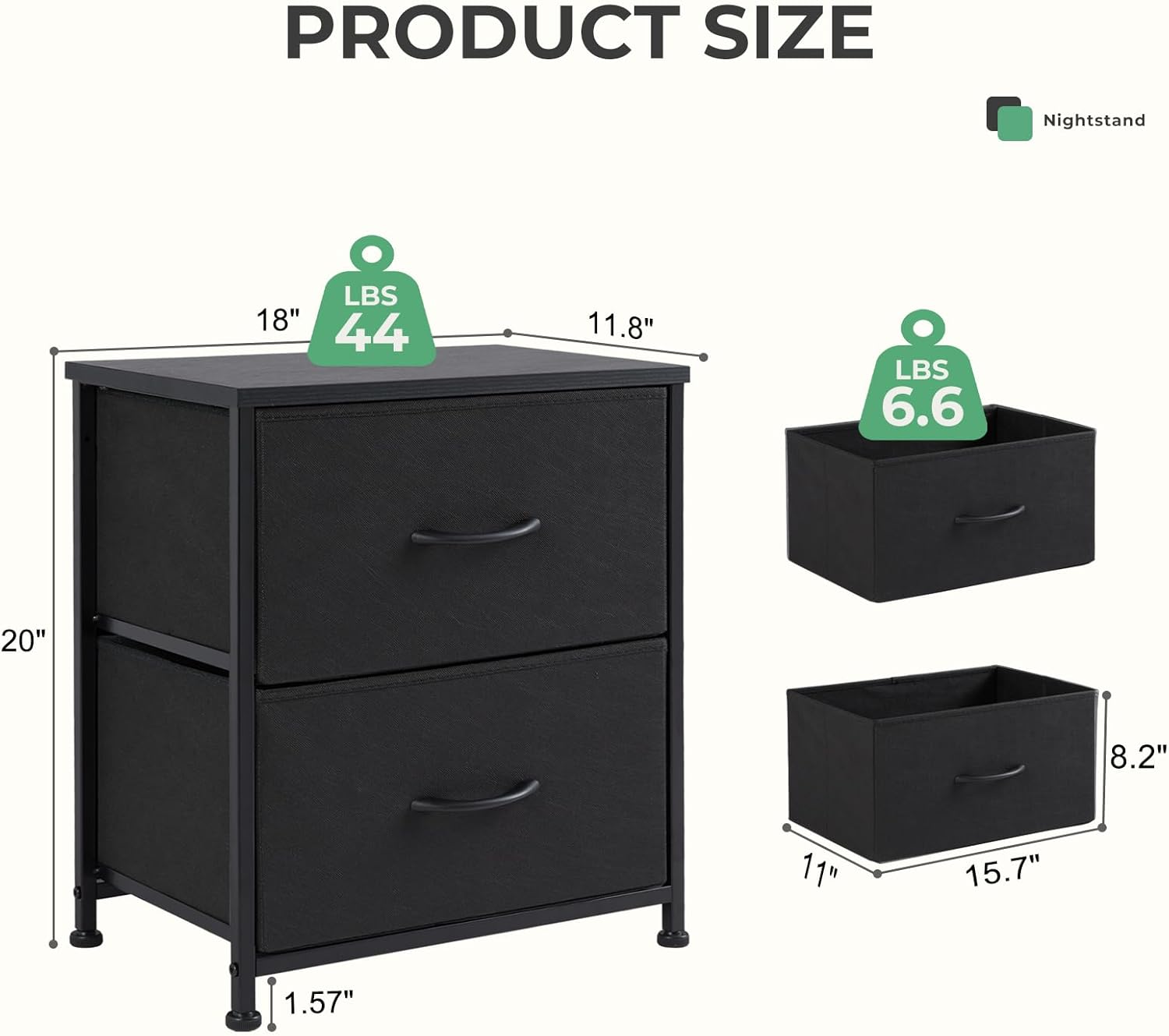 NEWBULIG Nightstand with 2 Fabric Drawers, 25 Inch Tall Small Dresser, Bedside Table with Storage for Bedroom, Closet, Entryway, Dorm, 2 Pack with Sturdy Frame and Compact Design, Black02