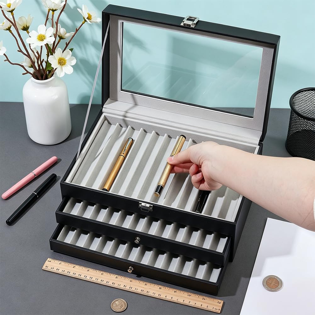 PH PandaHall 3 Schicht Schwarz Stift Anzeige Koffer, 36 Slot Leder Füllfederhalter Organizer Box mit Glas Fenster Stiftbox für Geburtstag Geschenk Sammler Lagerung Geschäft Zuhause Männer Vater