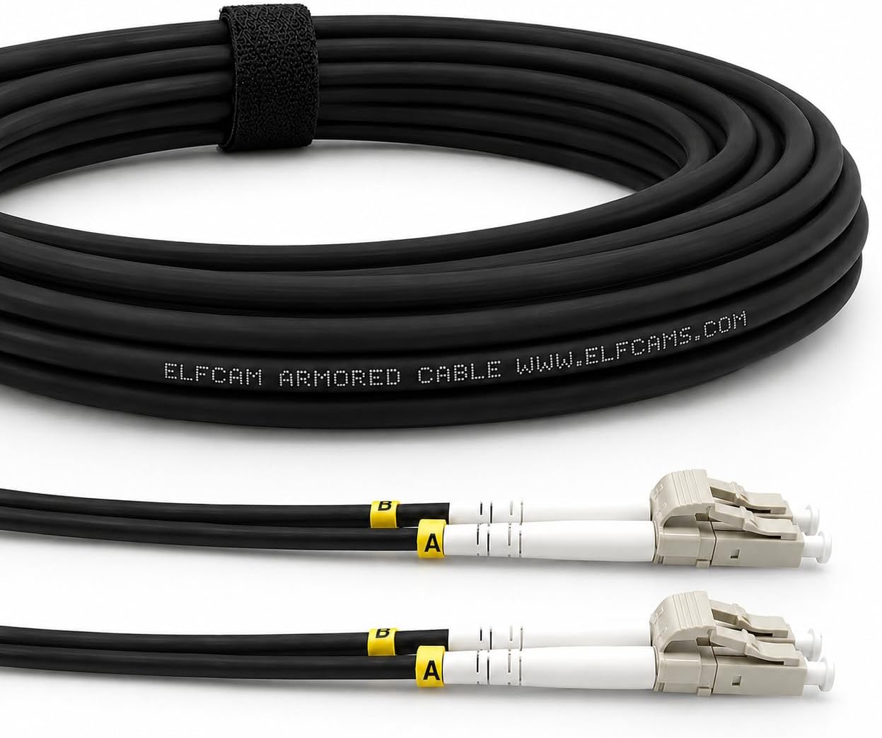 Elfcam® - 30m/98.4ft Outdoor and Indoor Shielded Armored Fiber Optic Cable LC/UPC to LC/UPC OM3 Multimode Duplex 50/125μm LSZH, Black (30M)
