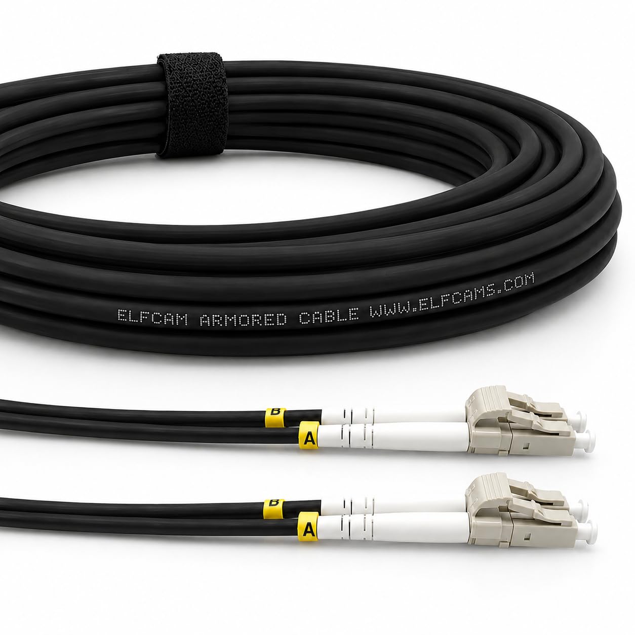 Elfcam® - Câble à Fibre Optique en Acier Blindé pour Extérieur et Intérieur LC/UPC à LC/UPC OM3 Multimode Duplex 50/125um Noir (30M)