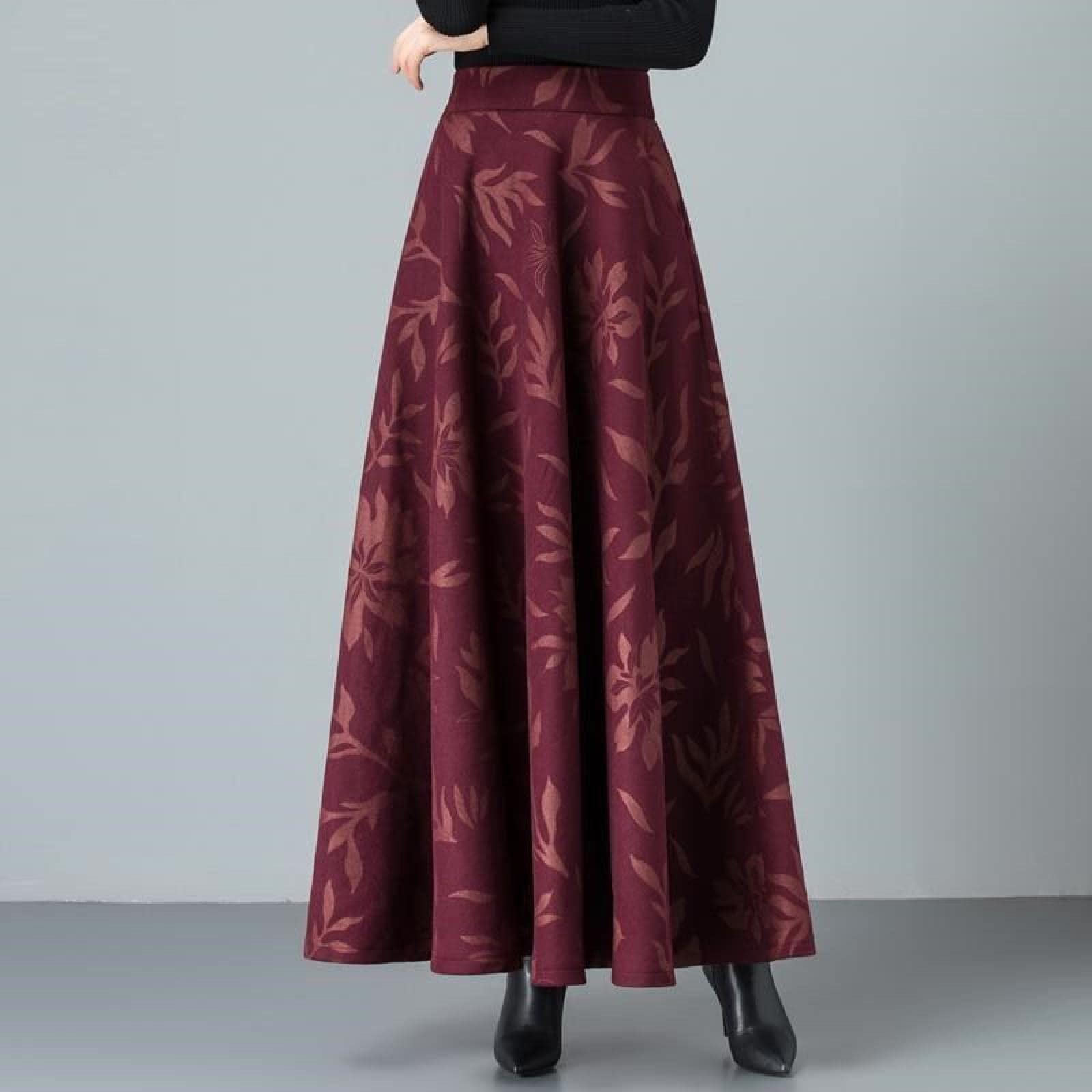 WQZYY&ASDCD Bleistiftrock Elegante Druck Röcke Damen Femme Vintage Warme Hohe Taille Rock Mom Casual Maxi Langer Rock