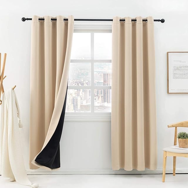 Anjee Full Blackout Curtains Black Liner 100 Percent Shading Window Curtains Soundproof Windproof for Kids Bedroom Living Room Eyelet Top Beige Drapes 52x95 Inches (132x241cm) 1 Pair,Beige