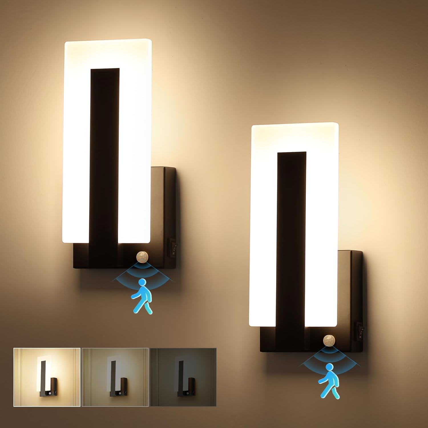 Joosenhouse Wall Sconces Set of Two Hardwired, Motion Sensor Wall Lights for Bedroom Living Room Hallway, TRIAC Dimmable 3000K Warm White, Modern Black Metal Acrylic Wall Lamp Fixtures