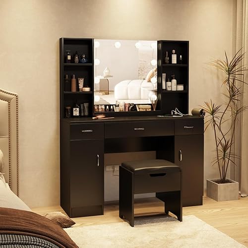 Miniatura 6 de Vabches Escritorio de tocador con luces y espejo, mesa de tocador de maquillaje con estación de carga, juego de tocador grande de 45 pulgadas con