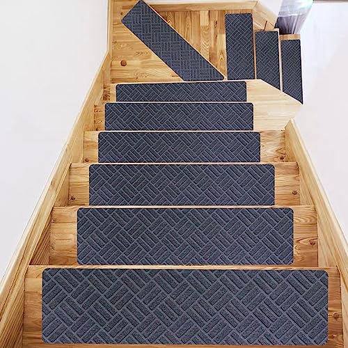 Hearda Treppenstufen Matten, Rechtwinklig 76x20.3cm Treppe Treppenteppich, Stufenmatten 15 stück, Treppenteppich Selbstklebend, Antirutschmatte Innenbereich Verhindert Ausrutschen (15 pc,Anthrazit)