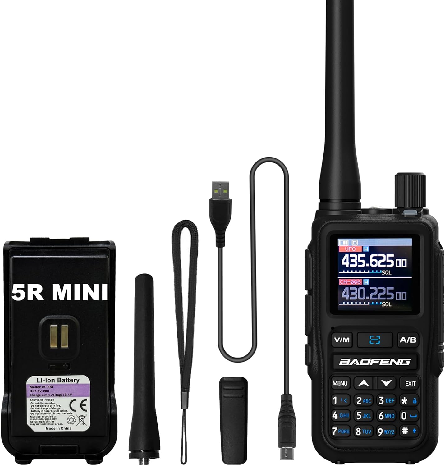 BAOFENG UV-5R Mini Two Way Radio BF-5R Mini Walkie Talkie Wireless Power Adjustable Tiny Size Frequency Copy 999 Channels Type-C Portable Ham Walkie Talkie (Black)