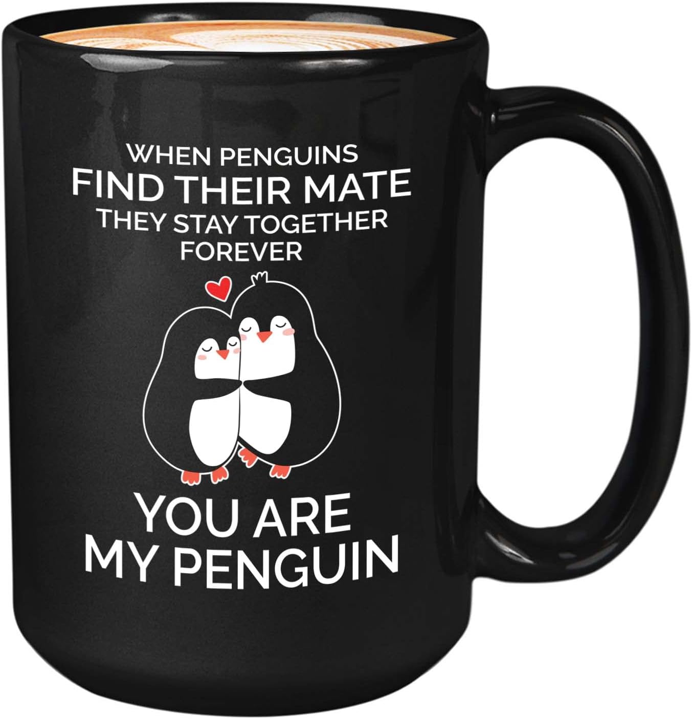Bubble Hugs Valentine's Day Coffee Mug 15oz Black - Penguins Find Their Mate - Love Message Card Boyfriend Girlfriend Wedding Engagement Anniversary Penguin Animal Lover Aquatic Flightless Birds