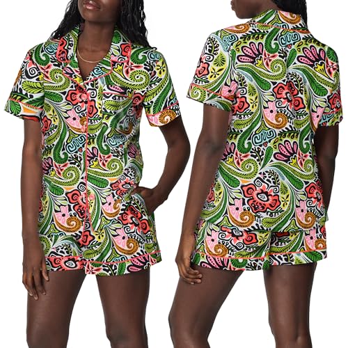 Image of Trina Turk Womens Short Sleeve Notch Collar & Shorts Sleepwear Pajama Set, Organic Cotton