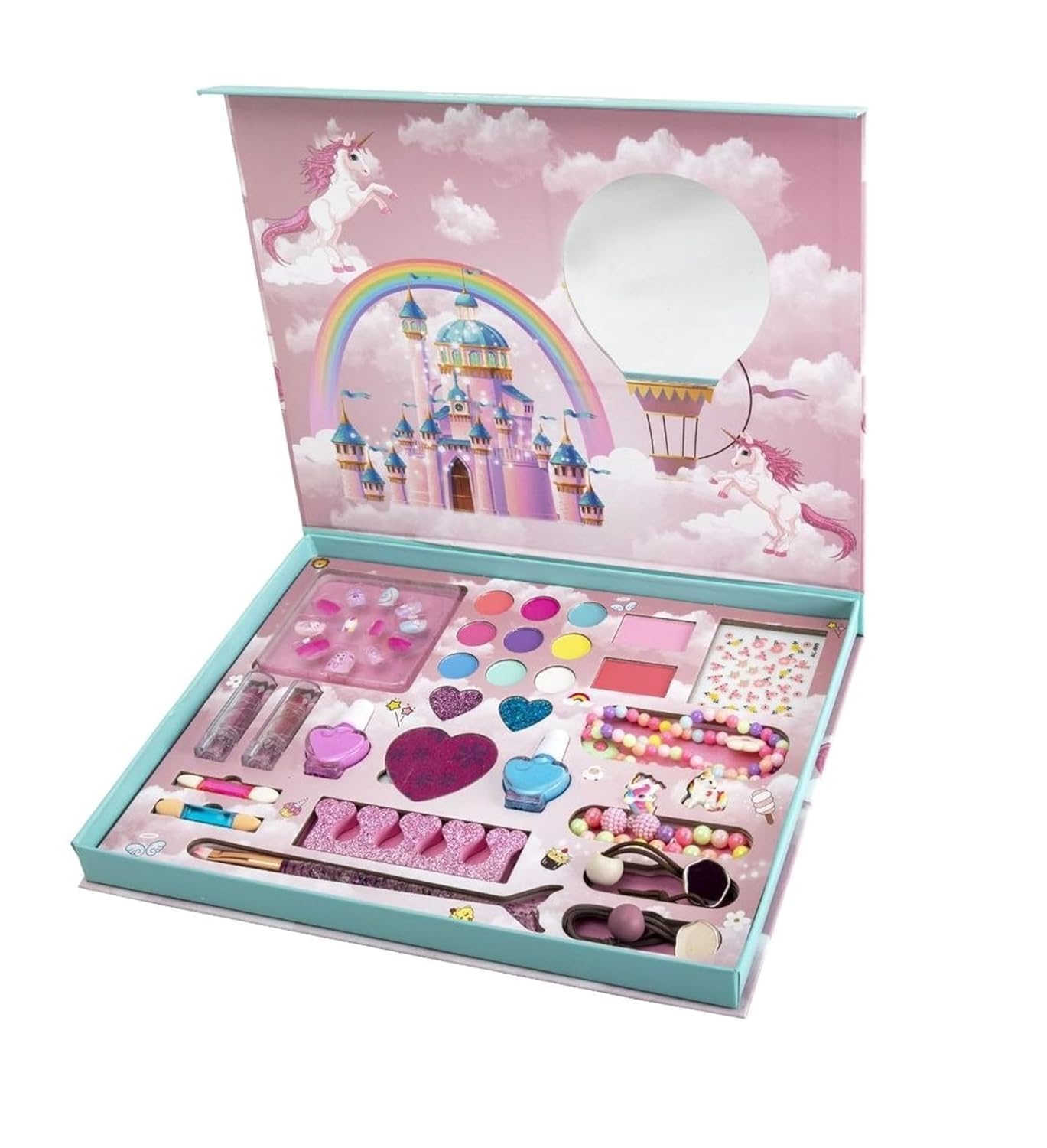 Kids Makeup Kit for Girls Unicorn Theme, Pretend Play Cosmetic Set with Eyeshadow Palette, Lipsticks and Hair Accessories-image-17