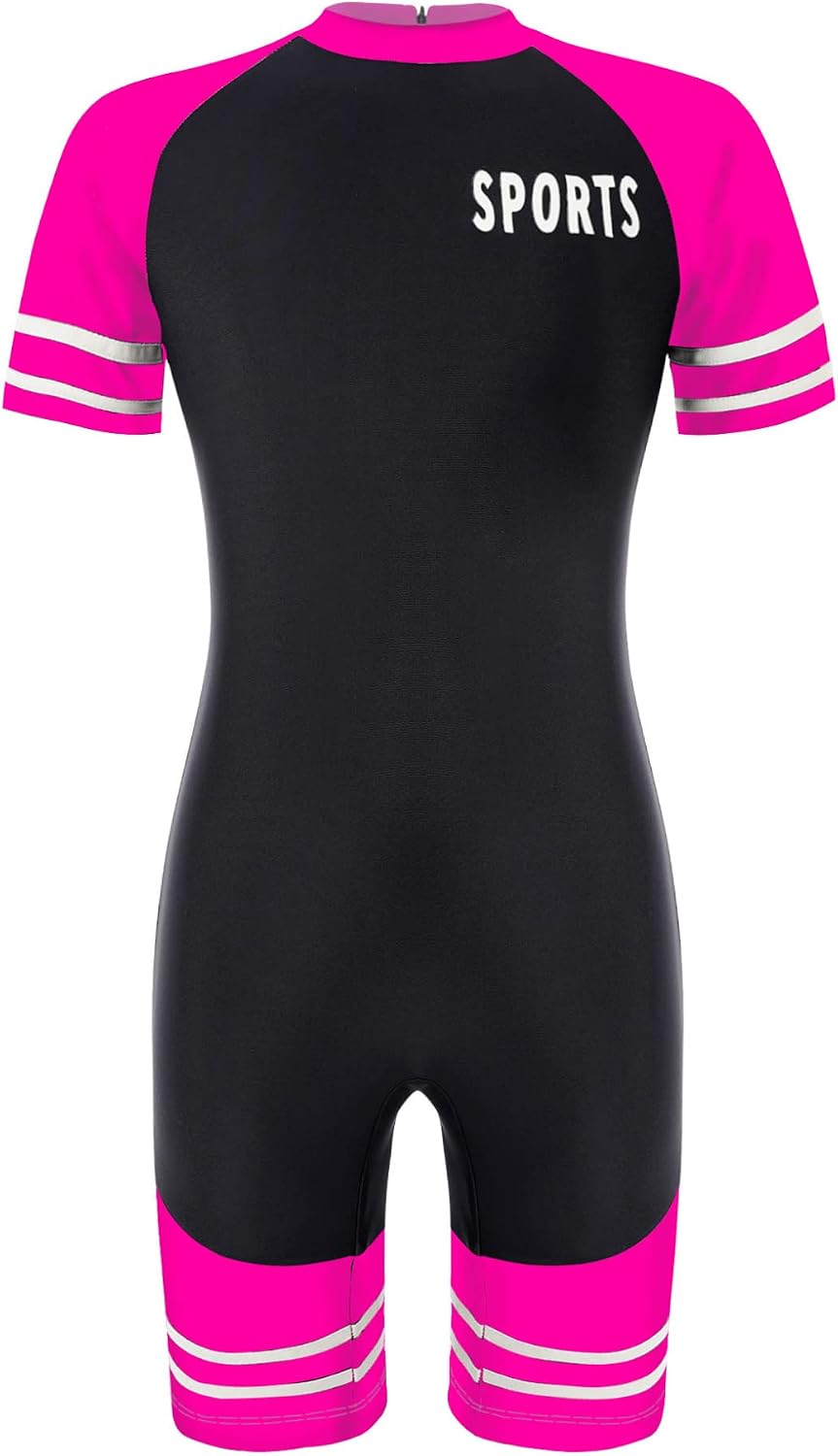 Hansber Kids Girls Boys One Piece Zipper Swimsuit Short Sleeve Rash Guard Swimwear Shorty Wetsuit Bathing Suit