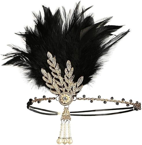 Miniatura 1 de Foyte Diadema de flapper de los años 20, perla, pavo real, plumas negras, bandas para la cabeza, joyas, hojas, diamantes de imitación, accesorios de