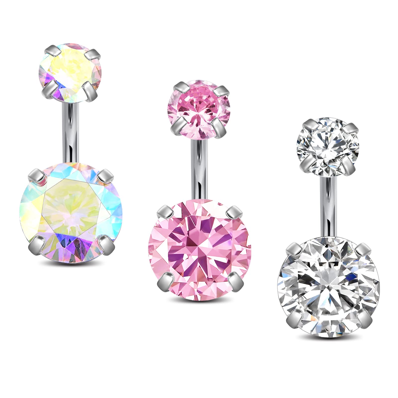 Incaton14G Belly Button Ring Surgical Stainless Steel Round Cubic Zirconia Navel Barbell Belly Rings For Women 6/8/10/12mm