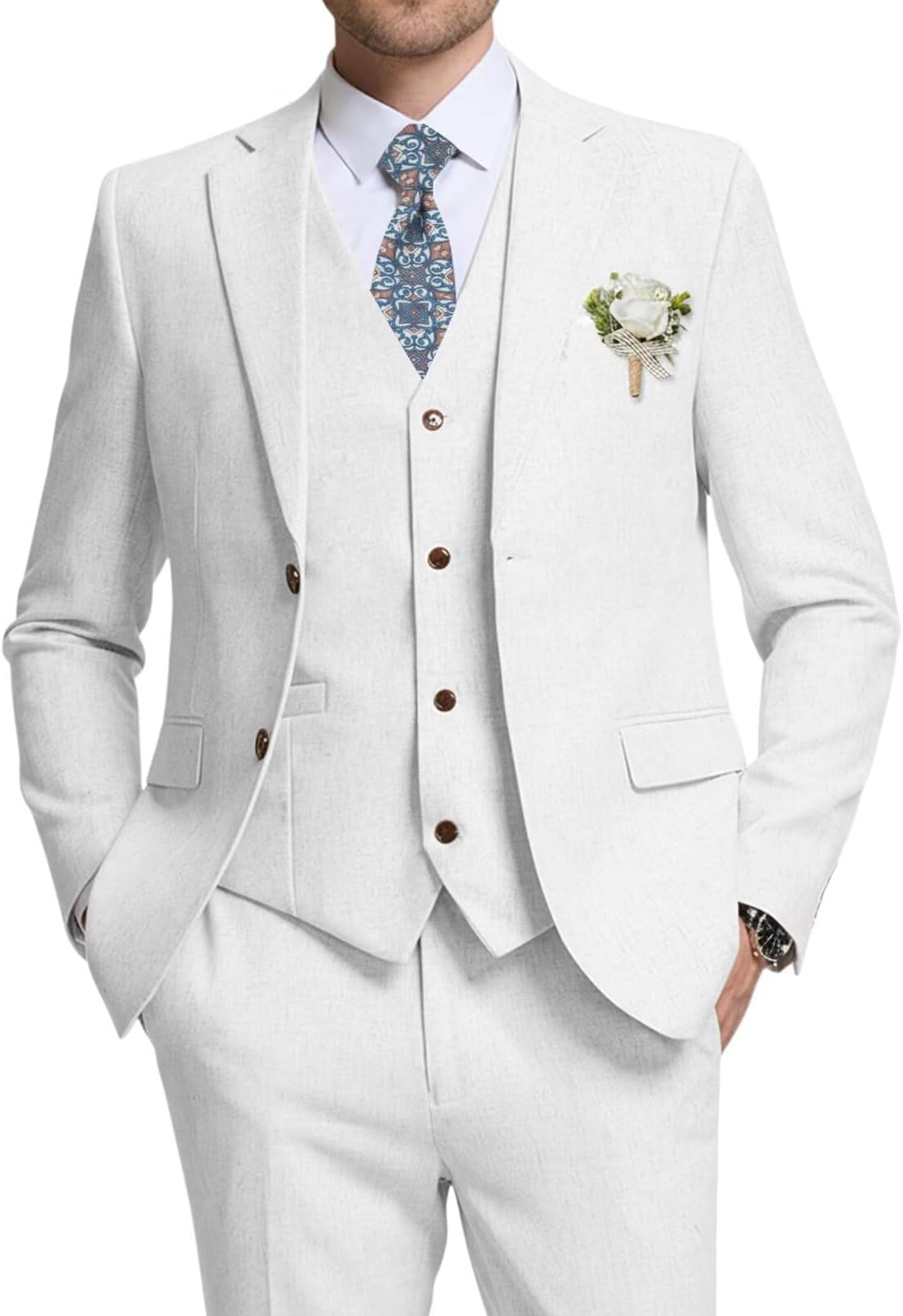 High-End Suits Retro Linen Suit for Men Casual Wedding Suit for Men Slim Fit 3 Pieces Jacket Blazer Vest Pant Groom Tuxedo