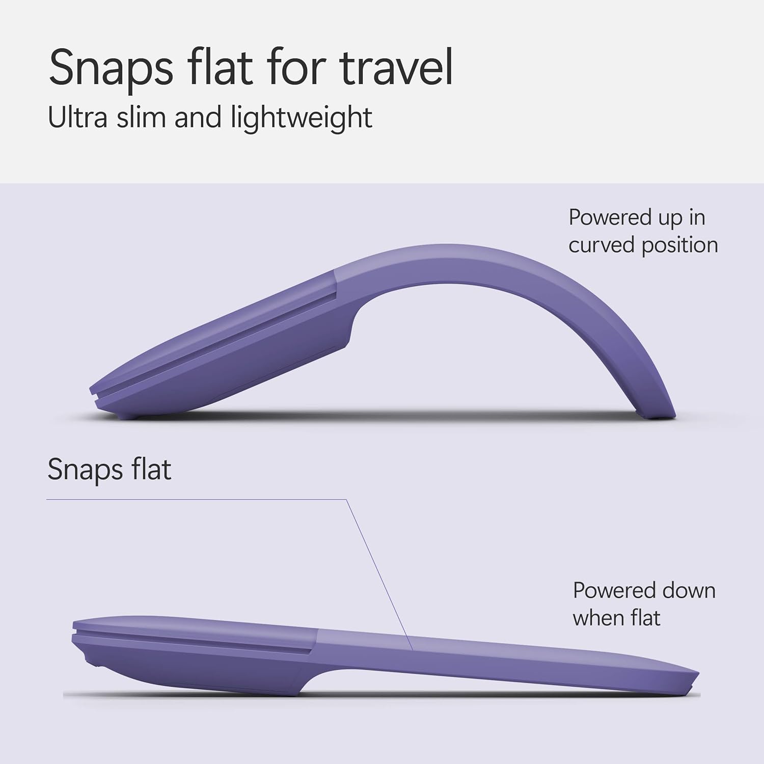 Microsoft Surface Arc Bluetooth Mouse, Ultra-Slim and Lightweight, Snaps Flat for Portability, Full Scroll Plane, Compatible with Windows 11, Battery Included – Violet