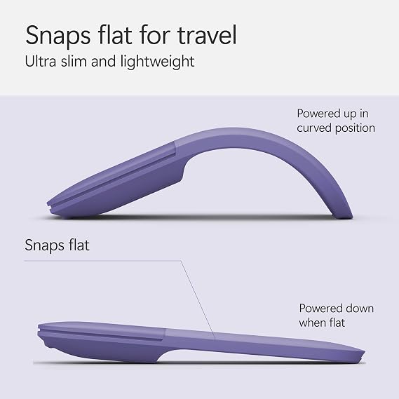 Microsoft Surface Arc Bluetooth Mouse, Ultra-Slim and Lightweight, Snaps Flat for Portability, Full Scroll Plane, Compatible with Windows 11, Battery Included Violet